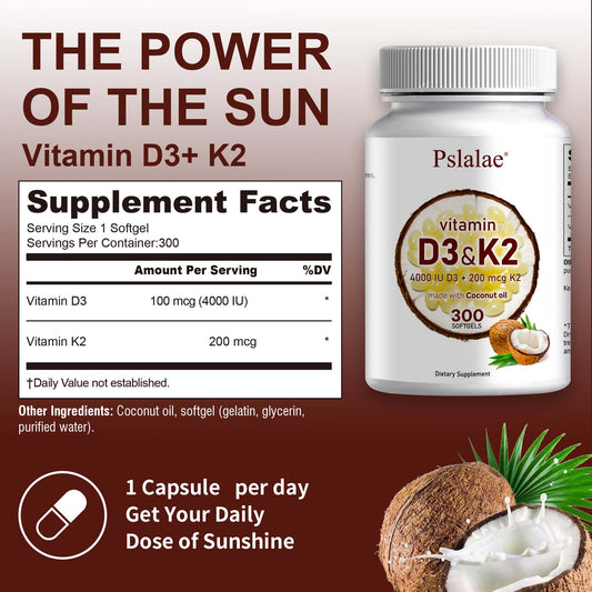 Pslalae Vitamin D3 & K2 Softgels – Daily Wellness Supplement 300 Softgels