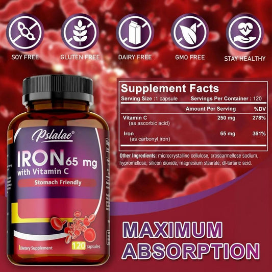 Pslalae Iron Supplement 65 mg with Vitamin C | 120
