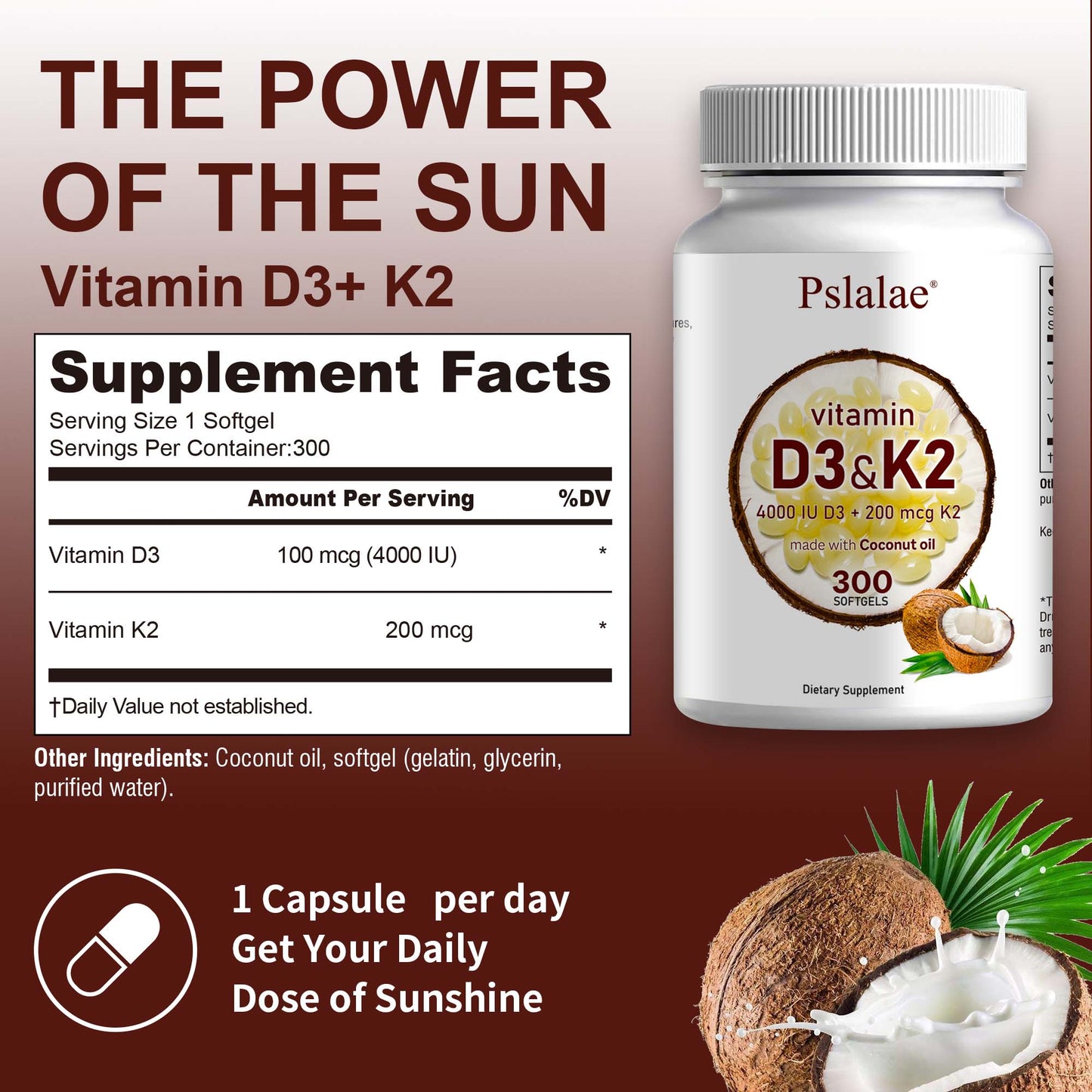 Pslalae Vitamin D3 & K2 Softgels – Daily Wellness Supplement 300 Softgels