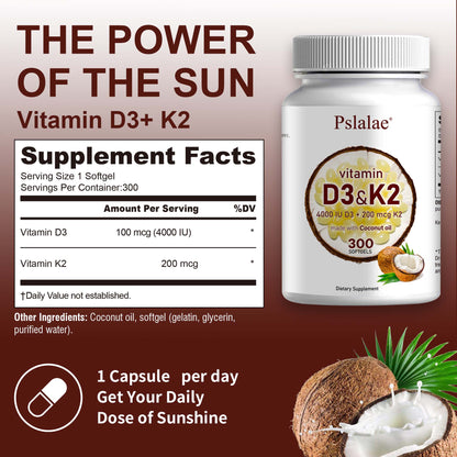 Pslalae Vitamin D3 & K2 Softgels – Daily Wellness Supplement 300 Softgels