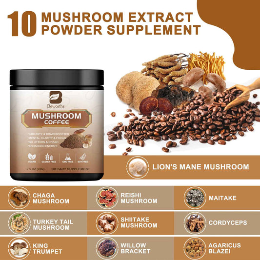 BWEORTHS 10 Mushroom Coffee Blend | Lion's Mane, Cordyceps, Reishi, Turkey Tail, Chaga & Maitake | 120g