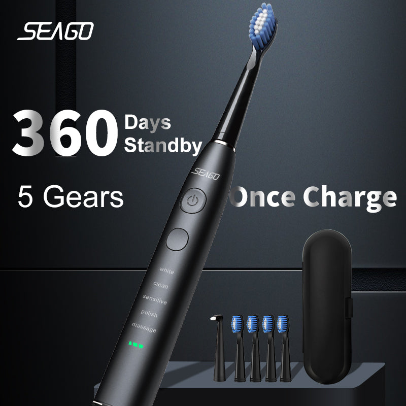 Seago Electric Sonic Toothbrush USB Rechargeable Adult 360 Days Long Battery Life IPX7 4 Replacement Heads Travel Box SG-575