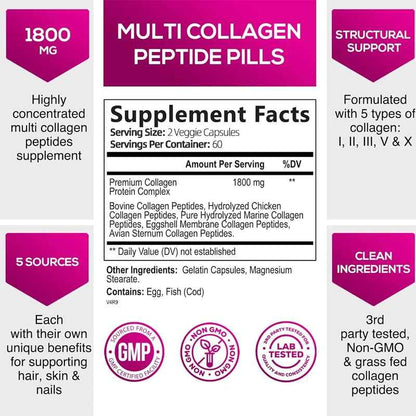 Pslalae Multiple Collagen Complex - Types I, II, III, V, and X - Hair, Skin, Nail | 30 60 120