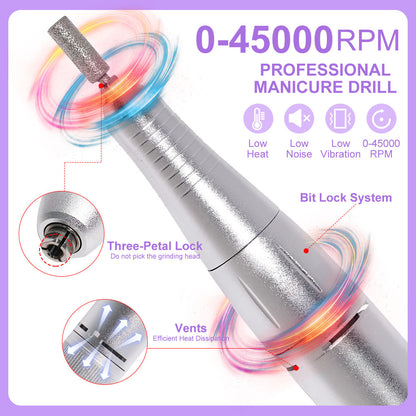 Nail Drill 45000 RPM Rechargeable Nails Electric File for Acrylic Gel Removing & Polishing Gel for Home/Salon Manicure Pedicure