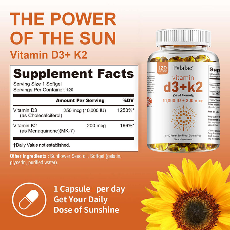 Pslalae Vitamin D3 10000 IU with K2 200 Mcg - 2 in 1 | 60 120