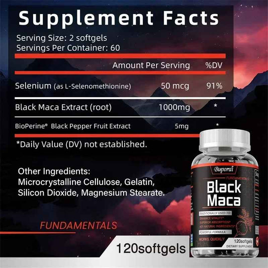 Buporai  Black Maca Root Capsules 1000mg Per Serving With BioPerine & Selenium | 30 60 120