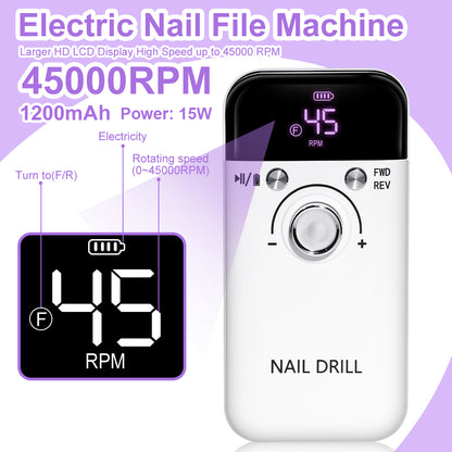 Nail Drill 45000 RPM Rechargeable Nails Electric File for Acrylic Gel Removing & Polishing Gel for Home/Salon Manicure Pedicure