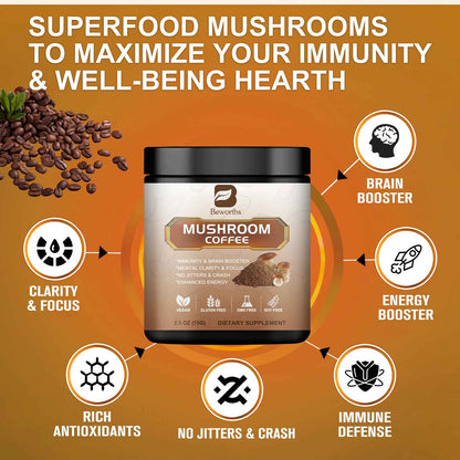 BWEORTHS 10 Mushroom Coffee Blend | Lion's Mane, Cordyceps, Reishi, Turkey Tail, Chaga & Maitake | 120g