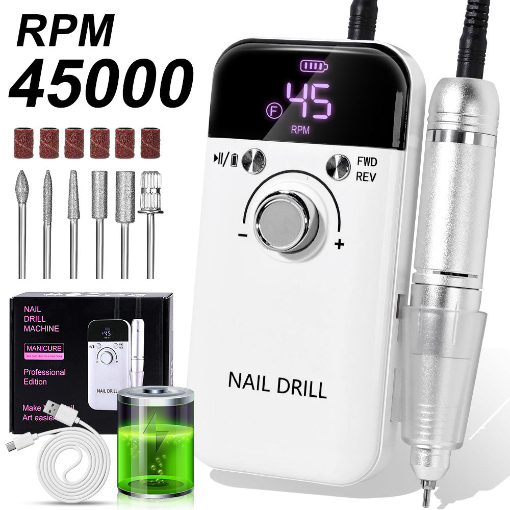 Nail Drill 45000 RPM Rechargeable Nails Electric File for Acrylic Gel Removing & Polishing Gel for Home/Salon Manicure Pedicure