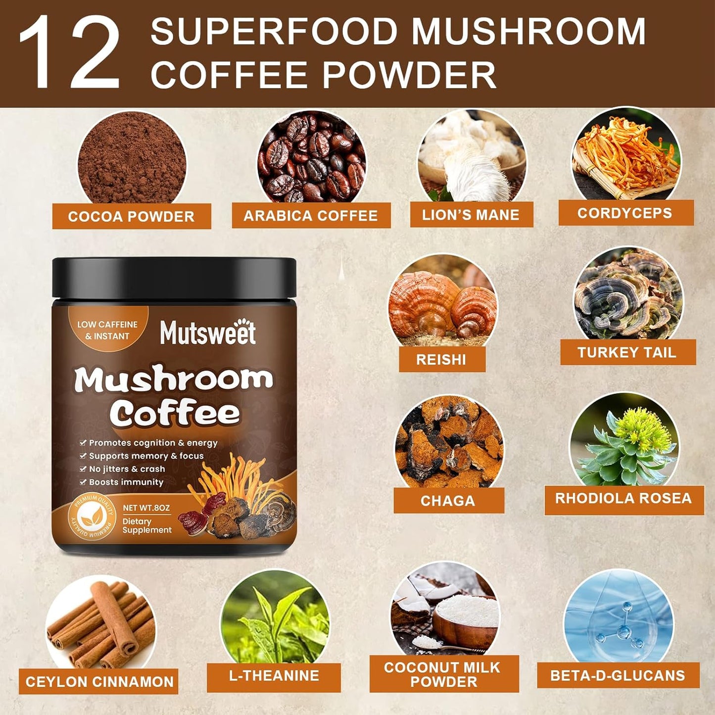 Mutsweet Lion's Mane Mushroom Coffee Organic Ground Coffee and Chaga Nootropic Mushroom Coffee | 227g