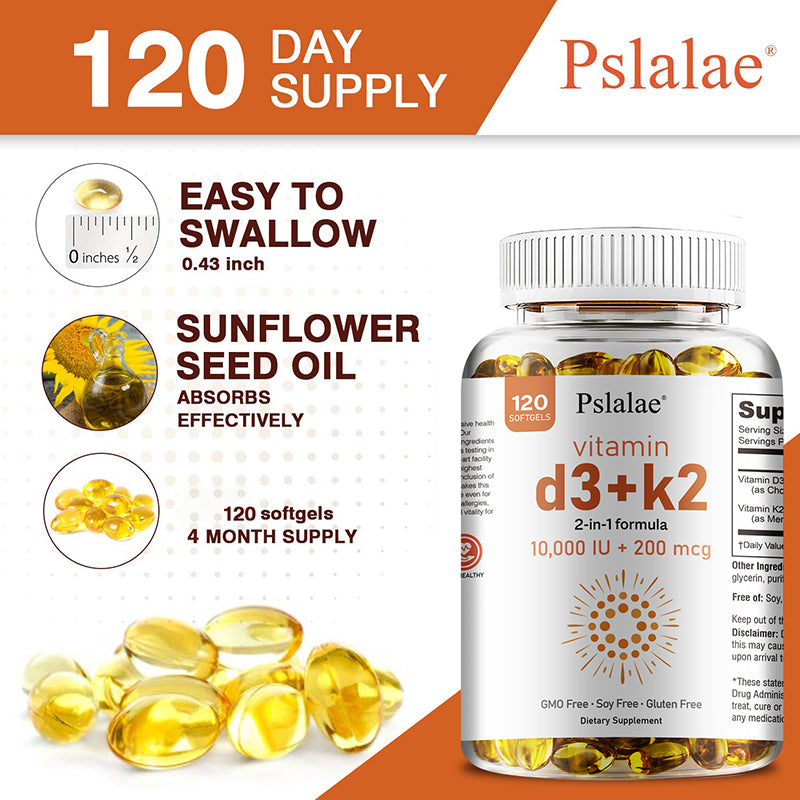 Pslalae Vitamin D3 10000 IU with K2 200 Mcg - 2 in 1 | 60 120