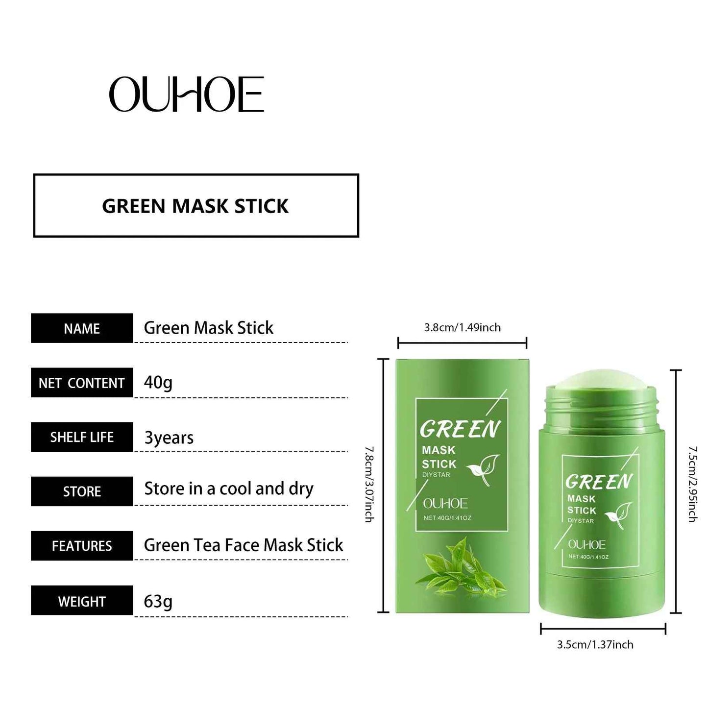 Ouhoe Green Tea Clay Stick For Face Green Mask Stick Smear Acne Shrink Blackhead Green Tea Extract Facial Mask Pore Cleansing