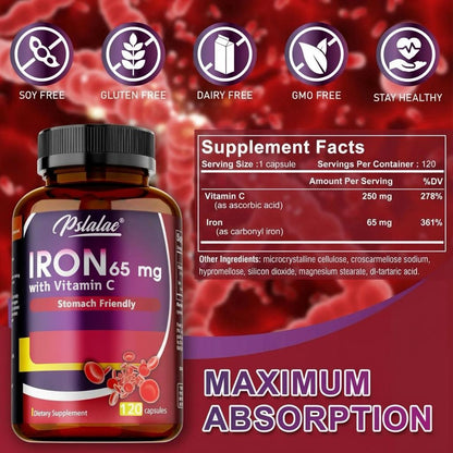 Pslalae Iron Supplement 65 mg with Vitamin C | 120